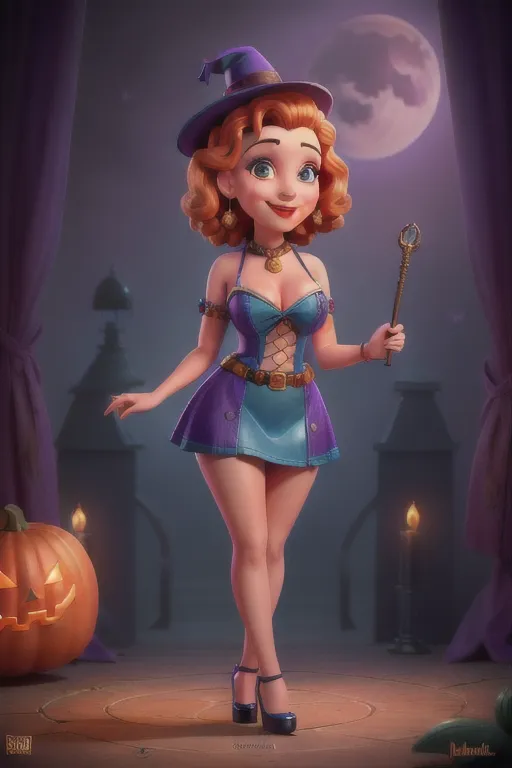 Full color, Halloween, gorgeous witch, cauldron, warm sexually welcoming smile, closeup, 1940s style pinup hairstyle and makeup, looking into the camera lens, (deep plunge sweetheart style neckline)(revealing navel), cleavage, miniskirt, sexually aroused, Halloween decorations, sexually excited, trimmed pubic hair, stiletto heels,