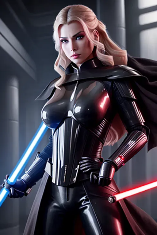 a photograph of, a female Sith, full body, wearing black futuristic armor, wavy blonde hair, holding a detailed red lightsaber, dark temple, five slender fingers, beautiful lips, curved eyebrows, curved eyelid, beautiful eyes, professional, ultra realistic,