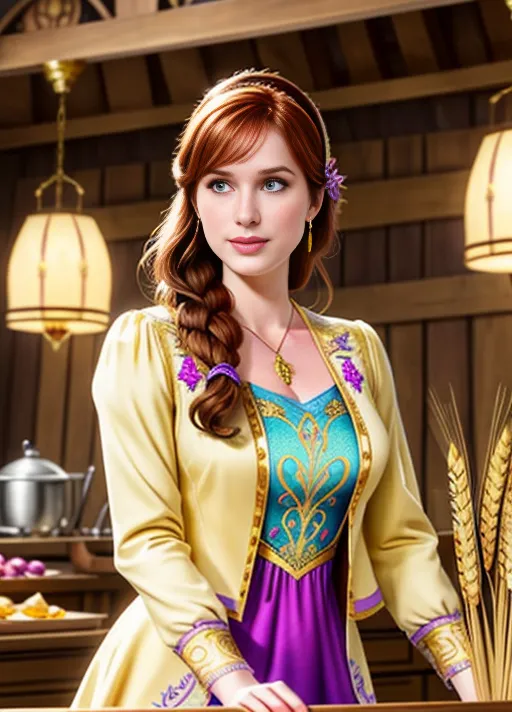 Exploring the wonders of the Harvest Festival, Adult beautiful joyful sweet Anna of Arendelle portrayed by Elizabeth Lail with very big soft sapphire eyes her auburn hair in a low hanging bun in back and single braid on the front top with golden wheat stalk combs slid into the sides, dressed in a cream colored dress with gold and purple embroidery and a light tan jacket. Photorealistic.