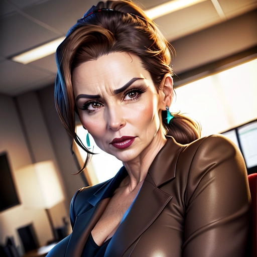 realistic HD photograph ((wide shot)), ((((accurate face)))), older, milf brown hair, ponytail, sitting in an office, bimbo, dark lipstick, warm lighting, therapist clothing, facing the viewer, frustrated facial expresstion, light brown eyes, a seductive look on her face, CEO