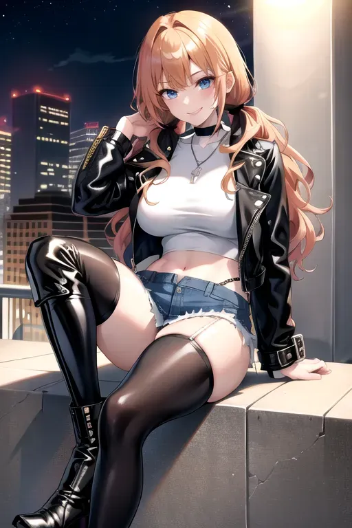 full body, strawberry blonde hair, hazel eyes, short girl, denim miniskirt, black high heeled boots, looking at viewer, long hair, pale skin, silver necklace, black crop top, 24 years old, giant breasts, cute face, pov, wavy hair, city environment, Oklahoma City, wide eyes, erotic, skirt tug, leather jacket, nighttime, black backpack, slim body, low pigtails, sitting on wall, smiling