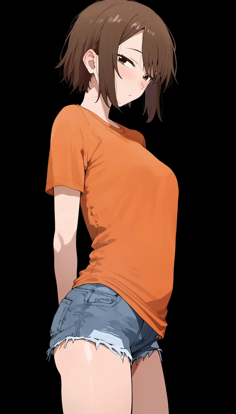 masterpiece, best quality, safe. Anime girl with short brown hair, wearing an orange t-shirt and denim shorts, standing against a simple black background. from side, blush, looking at viewer