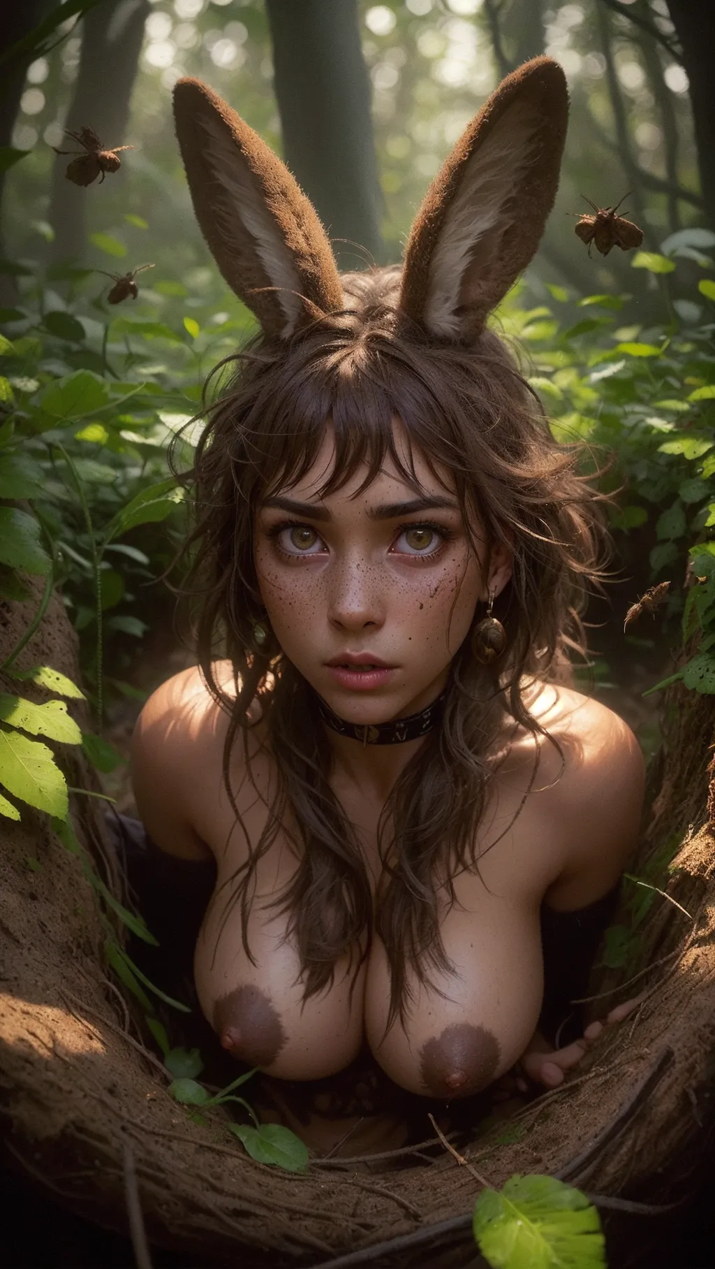 front side view, 1 hot (hare woman) (20 years old) naked is hidden ((in her burrow)) ((in a forest)) in autumn. She is in a hole, (she sticks her head out of the ground opening of her burrow to look around), only her head and her breasts are visible, she looks (((cautious))) and a little frightened. She has ((fur on her breasts) and ((fur on her chest)) and (fur on her shoulders) and (fur on her arms)), (((furry brown skin))). She has ((human face marked by scars)), (freckles), (beautiful ((big round)) eyes), (hare ears). She turns her head and ((she casts fearful glances to the top right)).
highly detailed, (cinematic lighting), (((fisheye lens))), cinematic composition, thriller atmosphere, (disturbing shadows:1.4), strange bugs flying, dead leafs on the ground, UHD, HDR, vivid colours, bokeh, forest's trees and plants in background
