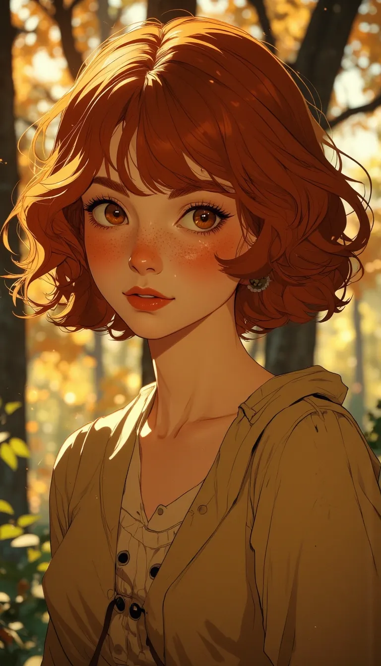 Anime style.
a kawaii redhead woman with freckles looking at the camera. cute face, She has big red almond eyes and is looking at the camera. in the background there is a tree.