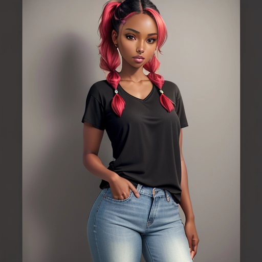 generate an image of a generic individual, female, ebony, human, 18, standing in a neutral pose, toned, average height, face, expression calm and neutral, hair style pigtails, hair color red, eye color red, skin tone light skinned ebony, clothing plain t-shirt and jeans, clothing color red, footwear red heels, accessories, background plain, background color black, lighting even and soft, shadows no harsh shadows, image resolution high, image quality sharp and clear, style realistic, pose natural, proportion balanced
