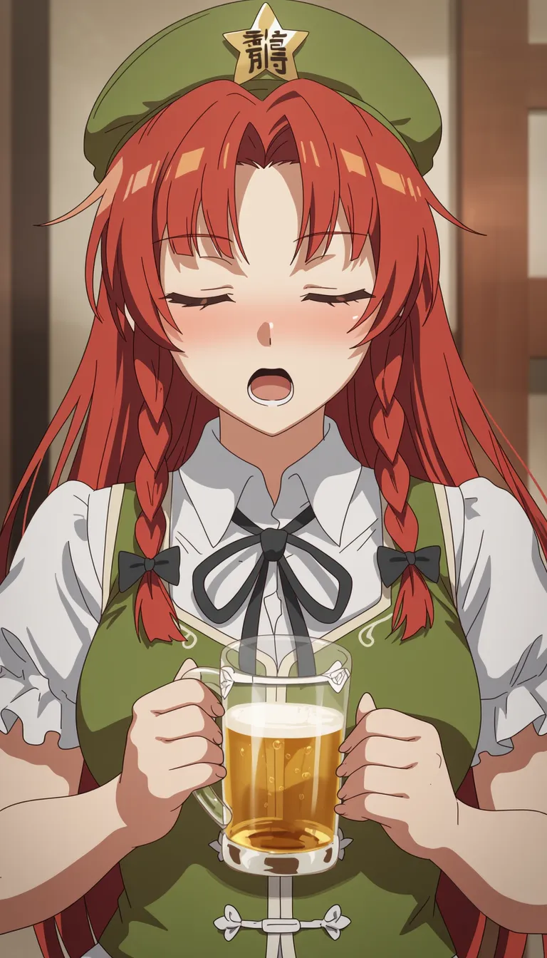 best quality, score_7, score_9, sensitive, very aesthetic, ultra detailed, fair skin, explicit, high contrast, hong meiling,1girl,braid,closed eyes,long red hair,puffy short sleeves,teeth,black bow,black ribbon,collared white shirt,green hat,green vest,hair bow,neck ribbon,puffy sleeves,star hat ornament,open mouth,solo,upper body,beer mug,drinking glass,holding cup,alcohol,beret,facing viewer,