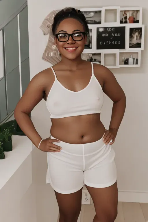 Natural hair, naked, smile, cum, horny, naked, no clothes, nude, completely_nude, standing, happy, facial, topless, same face, curvy, chubby, same_face_as_inspiration, curves, remove clothes, glasses, short, small breasts, small nipples, bush, pubic hair, Caucasian, perky tits, ponytail, white_girl, thin eyes, thin_eyes