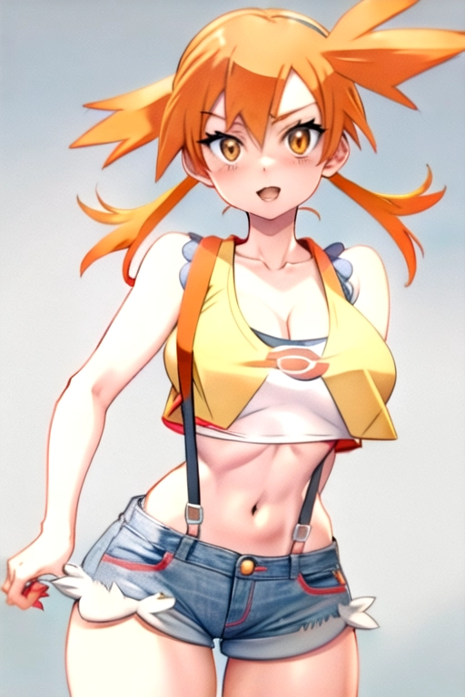 ((Pokemon Misty)). Red Suspenders. ((yellow crop top.)) Tiny jean shorts. ((Orange hair pigtails)). Sexy. Cleavage. Curvy. Big tits. Huge breasts.
<lora:dpmg_better_bodies:0.1>,
Best quality. 8k. Masterpiece.