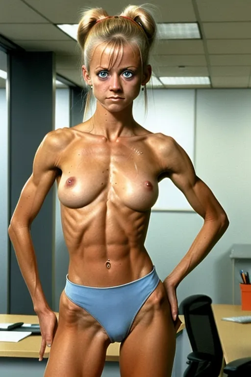 A very fit and skinny 18 year old naked Linnea Quigley, look of pain on her face, pushing her abs out, very low body fat, extremely lean body, perfect body, showing her vagina, standing in a hot office building, fully nude, fully tanned, hair bun, spreading her legs, perfectly shaped breast, blue eyes, fully taned breast