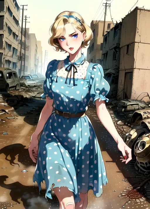 ultrarealistic image, masterwork, super high quality, 1950 style housewife, ((wearing 1950 style dirty and torn polka dot dress)), very detailed blue eyes, short messy blond hair, dark eyeshadow,very detailed hair, very detailed face, ((extremely small waist)), long legs, very skinny body, ((walking in post apocalyptic wasteland))