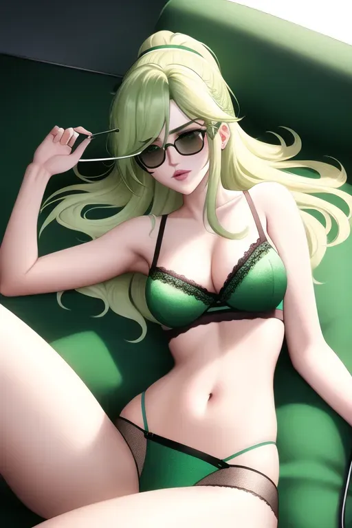 leni loud, codplay,in a bra,mint green lacy bralette, lying,at the bedroom,sunglasses in hair, medium breasts,five slender fingers,messy hair,charming face,beautiful lips,green eyes,curved eyebrows,curved eyelid,pale skin,peaceful,artstation,smooth,highly detailed,studio lighting,surreal, no underwear