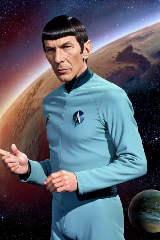 A high resolution medium photo of,Leonard Nimoy, as Mr Spock, on an alien planet, looking at the camera