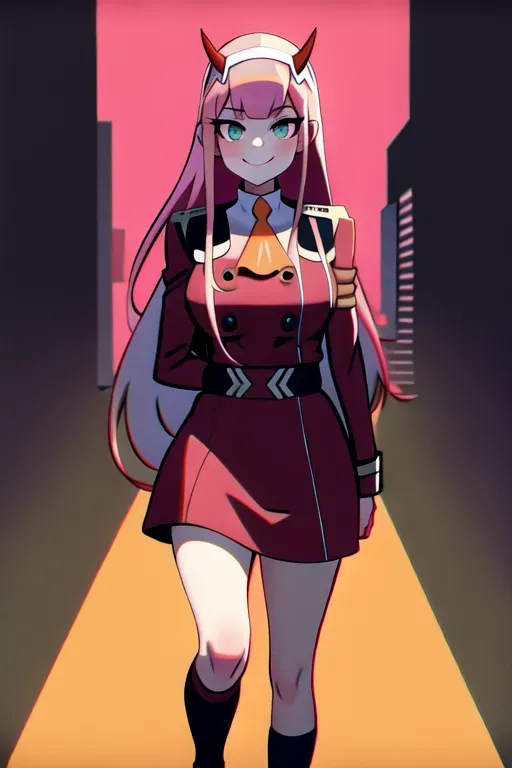 very detailed background, masterpiece, best quality, 1girl, solo, ((masterpiece, best quality)),best aesthetic, zero two (darling in the franxx), darling in the franxx, 1girl, ascot, bangs, blue background, green eyes, hairband, horns, long hair, long sleeves, looking at viewer, red jacket, closed jacket, military uniform, oni horns, orange ascot, pink hair, red horns, cyberpunk background, city at night, vibrant nightlife, smile, solo, walking, uniform, white hairband, ((masterpiece)), <lora:dpmg_zerotwo:1>