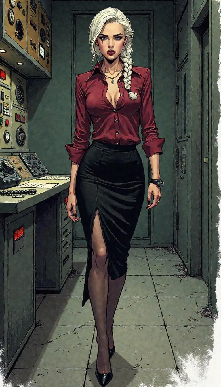 Tatiana Romanova, Soviet siren turned triple-agent ghost, porcelain skin with vein-thin cracks like frozen glass, face sculpted in hard lines and ruthless grace, cheekbones honed by protocol, lips painted in rusted plum with no invitation, eyes grey as surveillance footage and half-lidded like a verdict, platinum hair in a tight braid pulled like a cable down her spine, sheer maroon blouse worn loose and unbuttoned to the base of the sternum, soft folds slipping open with every breath, reflecting low light like a missile casing, posture commanding and predatory,
fitted knee-length pencil skirt in matte black, sculpted around the hips like ambition on display, slight slit in back for mobility not modesty, sheer stockings with visible seam like a redacted line, pointed black heels sharp as a signature, matte black watch flipped inward on her wrist,
standing alone in a forgotten Soviet command center, surrounded by towering Cold War-era control panels, analog switches blinking their last logic, cracked dials and Cyrillic buttons glowing weakly in jaundiced yellow, air stale with electric ghost hum, steel desk slick with condensation, rotary phone off the hook like a scream that ended years ago, clipboard mid-command, static flickering across cathode-ray displays, walls dripping with memory and failure, her breath visible but steady, no weapons in sight—because she is the thing they built, and what they couldn’t dismantle,
hand-drawn comic illustration, thick ink outlines, halftone shading, visible brush strokes, stylized light, posture mid-scene, key features outlined for drama, fashion with visual storytelling, glitter or grime as mood accents, emotion rendered in line weight, no guns, no gloves