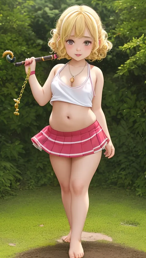 A young short loli halfling elf, wearing a field hockey uniform, perfect perky breasts, brazilian butt lift, curvy short and thick thighs, navel, pierced bellybutton with a jewel, curly neat blonde hair tied up, dainty small bare feet, cute necklace, walking in the overgrown garden