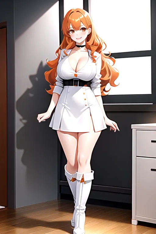miniskirt, white minidress, orange hair, choker, brown eyes, pale skin, giant breasts, boots, cleavage, high heels, looking at viewer, walking across room, living room, 1girl, smiling, wavy hair, 8K, Full body photo, slim body