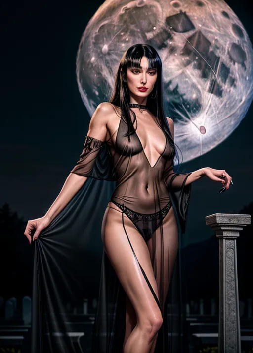A (fullbody shot) (wide-angle shot) of a standing (Anjelica Huston circa 1990) as Morticia Addams, goth look, (wearing a sheer black (see-through:1.3) floor-length pencil-dress neglige), (visible nipples and pubic hair:1.3), wearing sheer black panties, wearing black strapped stiletto heels, pale skin, blood red lipstick, (black nail polish), black eye shadow, raven-black hair, a single red rose between her teeth, (in a misty cemetary at night), with light from a (large full moon:1.3), neo-noir style, cgstation,
(<lora:dpmg_add_detail:0.95>), (four anatomically-correct pretty fingers and one proportional opposable thumb per visible hand:1.3), (beautiful symmetric detailed glossy eyes:1.3), beautiful lips, curved eyebrows, detailed face, detailed textured skin, realistic detailed hair, pretty teeth, skin pores, pretty realistic feet, (pretty symmetric realistic eyes), realistic teeth, realistic mouth, bushy pubic hair, realistic skin color, realistic skin tone,realistic hair color, realistic hair tone, five pretty realistic toes,
(8k RAW photo), (best quality), (masterpiece:1.3), (photorealistic), studio lighting, rim lighting, hair highlighted, UHD, Nikon Z5, (35-80mm zoom lens), (zoom out), f2.8, sharp focus, tack sharp, dof, film grain, Fujifilm XT3, (bokeh), dramatic lighting, rim lighting, subsurface scattering, volumetric lighting, focused, intricate detailed background, dramatic pose, dramatic pov, dramatic angle, dramatic lighting, cinematic composition, (cinematic lighting), HDR, (highest quality:1.8), highest resolution, (photo-realistic:1.72),
--s 250, --v 5.2, --A k_dpm_2,