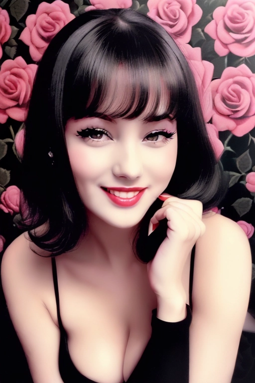 ((((Erotic 1960s style American commercial good-girl art full color lithograph illustration)))), ((full color)), extreme closeup pov lower lip, sniffing a black rose, gorgeous young nude redhead woman, completely naked, beautiful face, (sexually aroused smile), ((alluring smile)), (((seductive expression))),((((flirting)))), beautiful eyes, ((((looking at me)))),(((looking into my eyes))),((looking at viewer)), in a rose garden full of black roses,