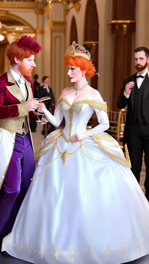 amidst the revelry of a grand late 1800s masquerade ball, a clumsy servant trips spilling red wine on beautiful, ginger haired, round wide blue eyed Queen Anna of Arendelle wearing a satin, pearl and gold mask, and a pristine white heirloom ball gown. An opportunistic Marquies De Sade looking on. photorealistic. High resolution