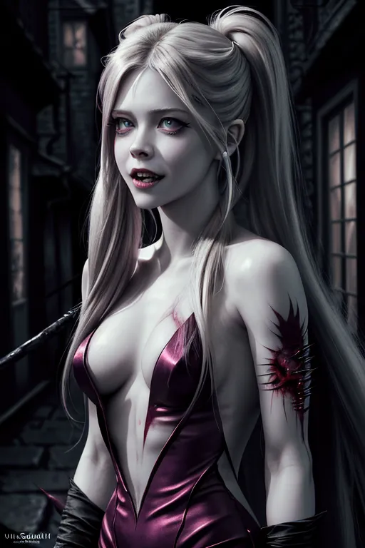 (Avril Lavigne), naked, ultra detailed face, 64k, vampire, razer sharp teeth, vampire teeth, blood on teeth, squinting menacing eyes, evil expression, dark alley, body modification, ultra detailed body image, 4k, ultra realistic, photo realistic,upper body portrait,