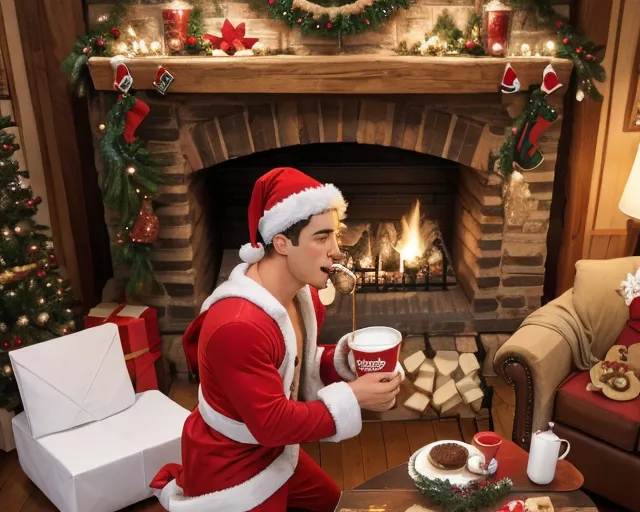 super fit athletic guy with big biceps in a santa outfit punching a cookie midair while drinking a gallon jug of milk with the other hand. standing in front of a christmas tree and fireplace. a plate of cookies are siting on a coffee table, cookies fragments are going flying as he eats. the christmas tree is covered in ornaments and colored lights. there is a mantle above the fireplace with wreaths, (cookie flying past his face in all directions),