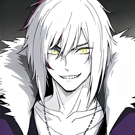 solo male, hunter,Cunning Eyes , jagged sharp teeth, Feisty look, pet chain collar spiked around neck,dagger ear piercings, cauasian white guy, fluffy purple jacket, heterochromia green yellow eyes, wolf animal eyes, plain white shirt, auburn antenna spikey hair disney prince messy shortish antenna length light, male guardian of the earth , teen wolf, bloody, psycho look in eyes, grinning, smiling , blood , school clothing, auburn hair, bright eyes , heterochromia, no facial hair, background paint spots creative ,masterpiece, digital art masterpiece, colorful, paint splashs in background , <lora:dpmg_ghibli_style:1>