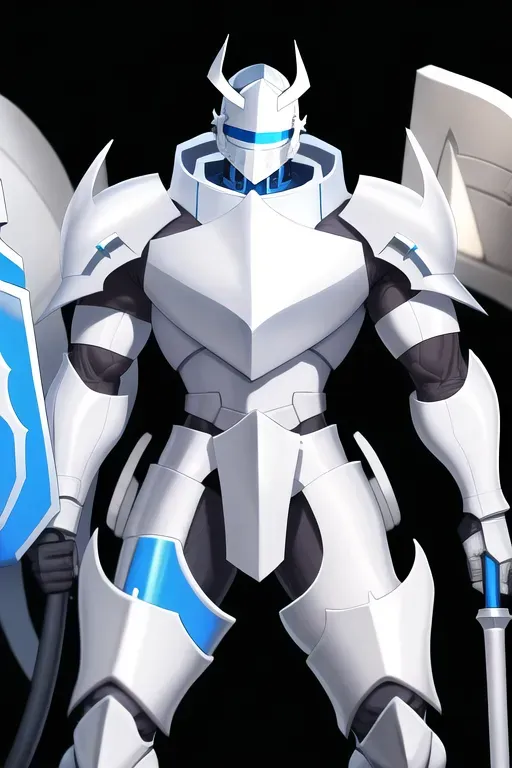 A man in white crusader armour with blue visor with a white massive hammer