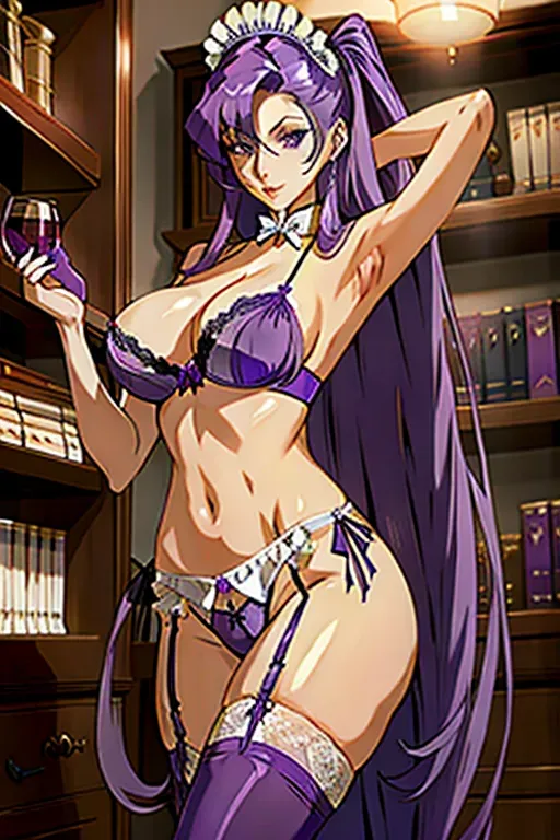 Long purple hair, nude, big breasts, pose, slutty maid, garters, shelf bra