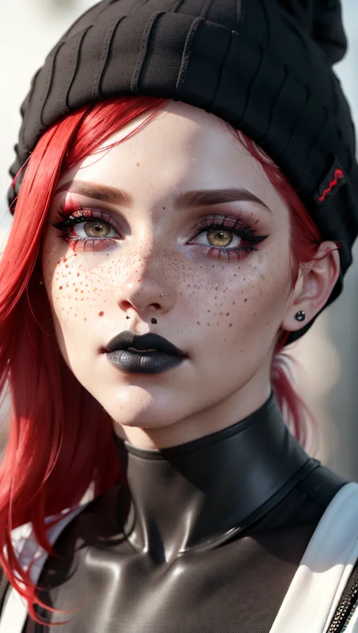 photorealistic, 8k, accurate face, detailed face, (((replicate inspiration face))), freckles, black lipstick, red hair, black beanie,