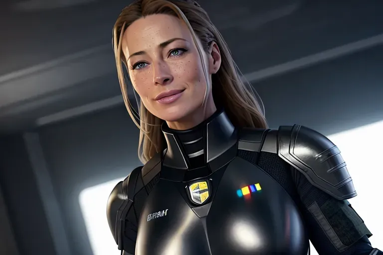 a concept art of,Rebecca Gayhart, light freckles, empty hands, in a sci-fi movie, in black tactical pants, black military armor, combat boots, confident smile, five fingers per hand, dirty face,textured skin,cgsociety,8k, unreal engine, highly detailed, artstation, deviantart, cinematic, centered, medium close up, 8k, studio lighting, head in frame, long neck, entire head in frame, hyper-realistic