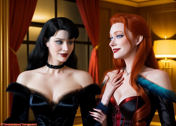 midnight in the luxury penthouse suite at Hotel Transylvania, Beautiful long auburn haired with large deep blue eyes Queen Anna of Arendelle in elegant black gothic style posing hypnotized, in the hungry embrace of her new vampiric very pale short black haired friend Mavis with a blood thirsty smile from Hotel Transylvania convincing Anna to join her as a vampire. photorealistic. photorealistic.