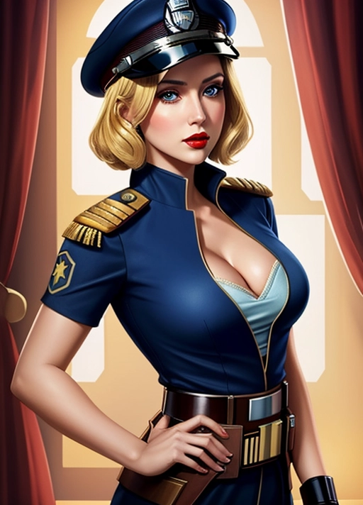 female Imperial officer wearing a (color) uniform, blonde, star wars, cleavage, red lipstick, makeup, five fingers, breasts, aroused, eyes open,