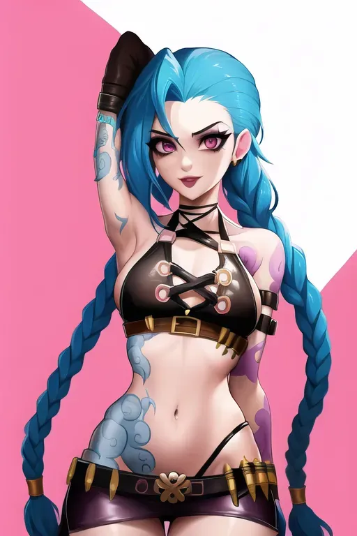 (JinxLol:1.1),1shemale,medium breasts,arm tattoo,stomach tattoo, <lora:dpmg_lol_jinx:1>