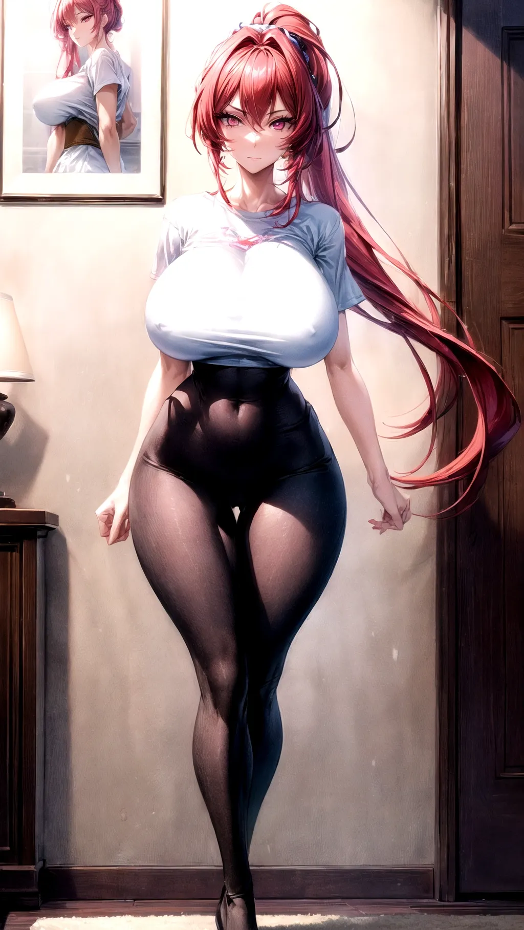 Beautiful, masterpiece, professional, HDR, UHD, (((64K resolution))), ((living room background)), ((1girl)), (solo), (((full body picture))),
((An absolutely beautiful girl wearing a white tee shirt and tight black leggings)), hair in a short ponytail, very thin clothes, (very shy female), (((very shy facial expression))), ((thick thighs)), very wide hips, wide thighs, thigh gap, ((((absolutely massive breasts)))), ((skinny waist)), (very long eyelashes), vibrant red hair, bright pink eyes, <lora:dpmg_add_detail:1.2>, extreme eye details,