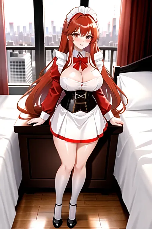 long ginger hair, brown eyes, pale skin, giant breasts, white maid uniform, showing cleavage, bedroom, pov, looking at viewer, miniskirt, red corset, red high heels, overlooking city, 4k, 25 years old, full body photo