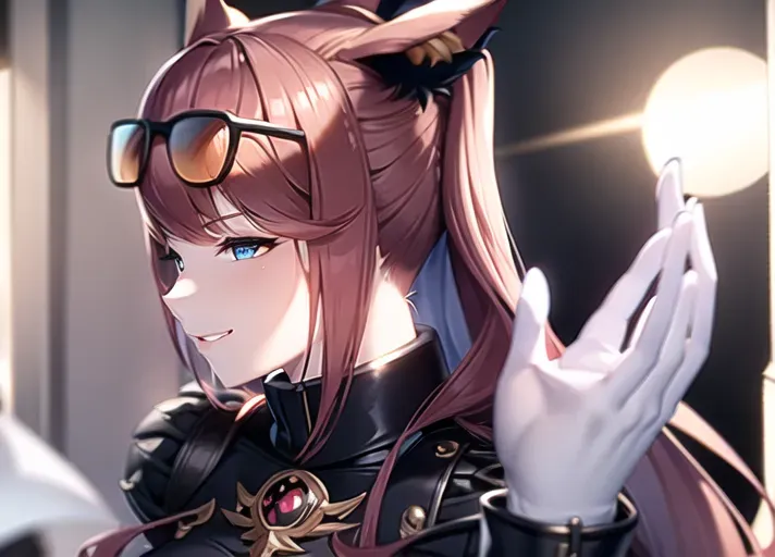 identical to inspiration, beautiful miqote, auburn hair, auburn cat ears, beautiful blue eyes, beautiful face, smirk, (high quality face), black jacket, black sun glass, night club
