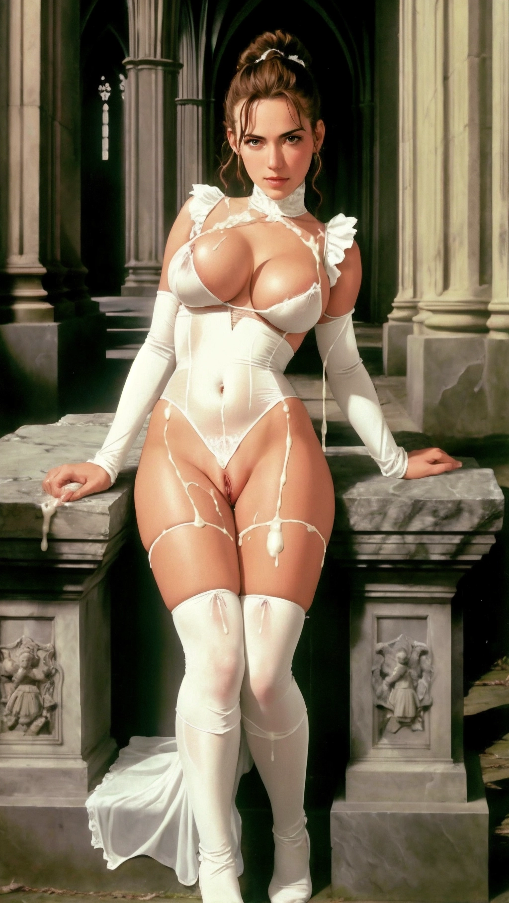 HDR. Rey Skywalker in an porn photo shoot. (Wearing a slutty Ghostbuster raped in a Gothic Cathedral outfit:1.2). (((creampied))). Naked Tits. Highly detailed fabrics. Highly detailed skin texture. (Very large breasts:1.3). Very realistic dynamic lighting. (Full Body visible). ((Presenting Pussy to the Viewer:1.4)). ((Lying on Stone Altar)). 1998