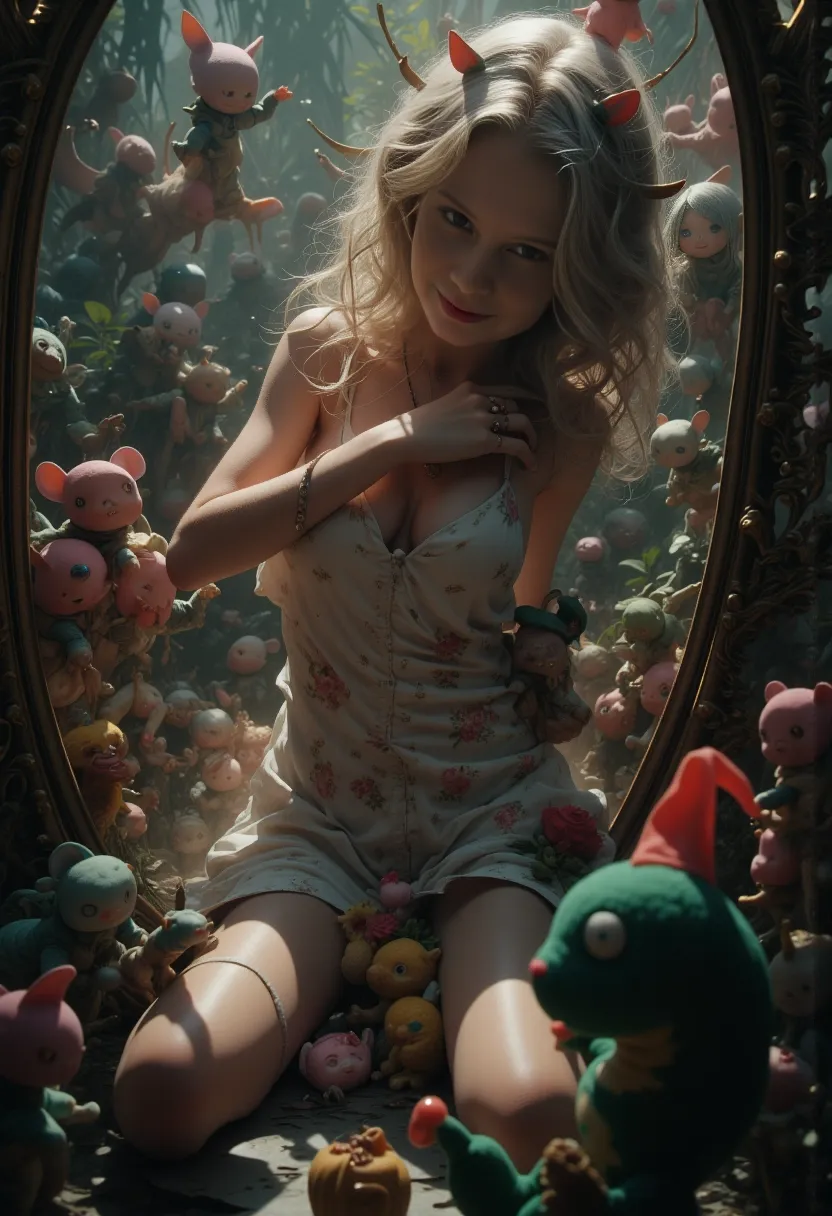 ((((realistic)))). naked cute young, skinny, thin, small breasted, ((fair translucent skinned)), aroused, nymph, elegant light-orange-blond curly haired, (Mia Wasikowska) (((admiring her pussy in an antique Victorian mirror))), in an Alice in Wonderland style, (((antique greenish and deep purplish dark Victorian palace atrium tearoom eating exotic cake))). she wears stripped stockings. (perfect pussy). (((Penthouse photo style))). (dark amber shady light). ((Kubrick, Alice in Wonderland film style)). (((she removes a skimpy Victorian silk nighty and silly mad-hat))). breast-out. ((full wide angle scene)).