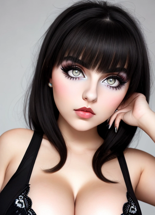 Cute Italian girl, simple grunge makeup, pale colored eyes, big wide eyes, black hair, big lips, high riding huge boobs, gigantic tits, full bra, photorealistic, best quality, ultra high resolution