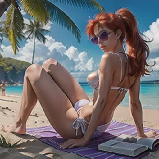 highly detailed background, sandy beach with scantily clad women playing and sunbathing, (dressed in bikini or thong and topless), (trees and ocean in the background), Single girl lying down on towel on the beach sunbathing faced down, the girl is a sexy redhead with small breasts and hair in a ponytail, (reading a book), (20 years old), (scandinavian descent), (happy and focused look), (beautiful face), (very detailed face), (beautiful lips), (perfect body), (soft skin), (toned body), (purple sun glasses), (purple thong strings visible), (white hot pants), (purple push-up bra with thin shoulder straps), (transparent white tank top over bra), (clearly visible erect nipples), (back towards the viewer), (spread legs), (pussy camel toe visible), (beach bag and shoes placed beside towel), best quality, high resolution, photorealistic, masterpiece,