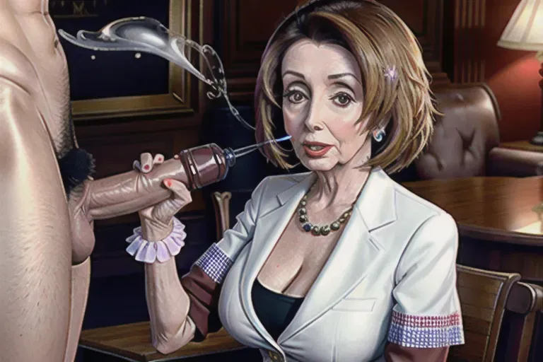 Nancy pelosi, stroking a cock, cum spurting onto her breasts, 8k