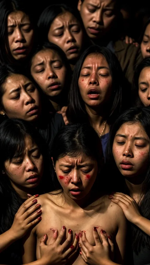 a woman surrounded by demons, being held tightly, bruised, scared woman