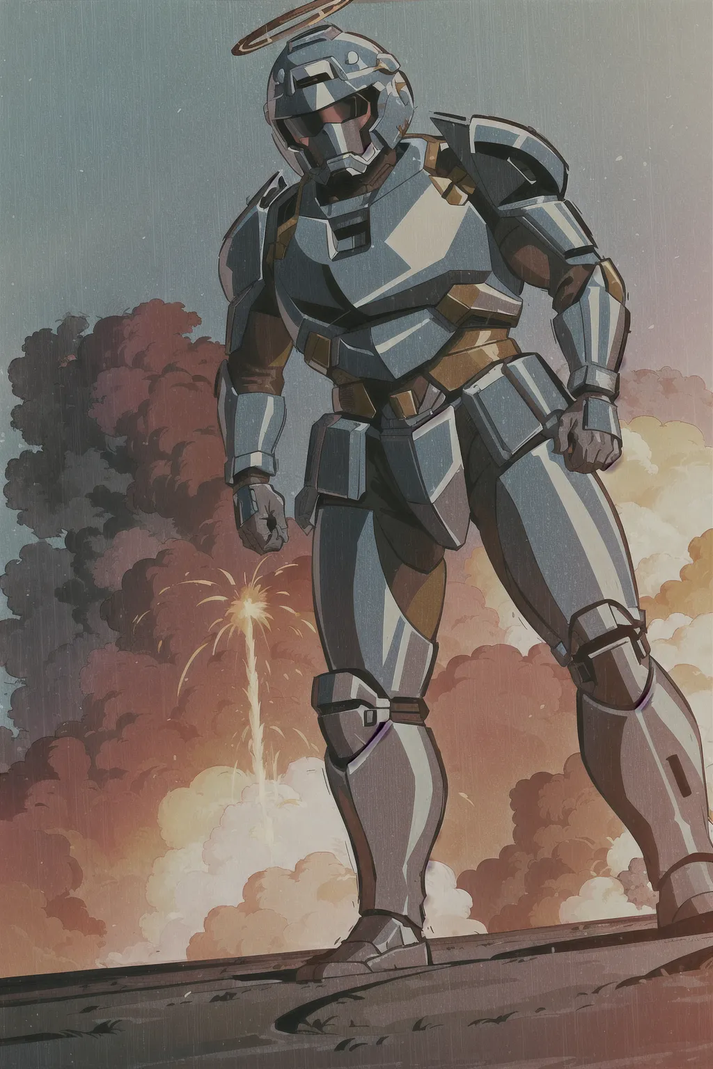 ghibli style, ((masterpiece)), two halo spartans, full face helmet, male, best quality, in a battlefield, explosions in the background, fighting, <lora:dpmg_ghibli_style:0.92>