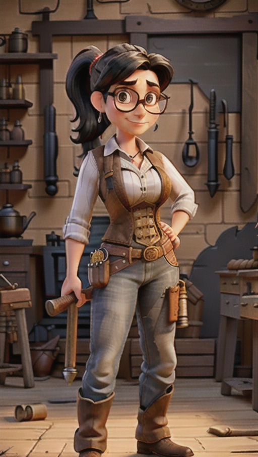 A cowgirl around her thirties in a blacksmith workshop wearing western-like clothes and holding a hammer, black hair, pony tail, glasses, black eyes, tall, steampunk