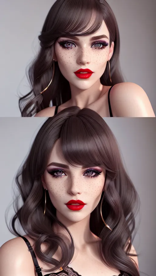 photorealistic, 8k, accurate face, (((detailed face))), (((replicate inspiration face))), freckles, , grey eyes, brown hair
, female face, cute, gorgeous,luxuriously long hair,red lipstick,black eyeliner,violet eyeshadow, parted bangs,lingerie