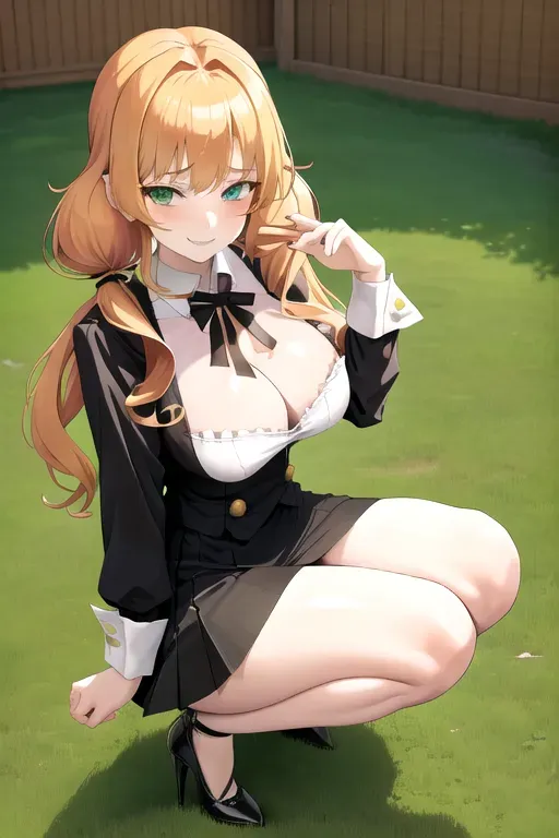 <lora:dpmg_skirt_tug:1>, 1girl, clothes tug, strawberry blonde hair, green eyes, black maid uniform, bar, pale skin, giant breasts, high heels, serving drinks, long hair, wavy hair, masterpiece, best quality, highly detailed, smiling, pov, looking at viewer, miniskirt, showing cleavage, realistic, erotic, squatting, low pigtails