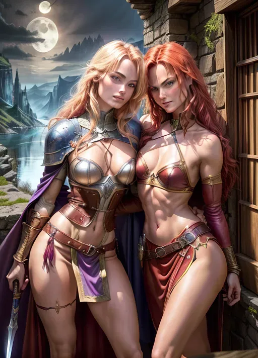 High fantasy setting (Dungeons and Dragons), two young women ((Olivia Wilde with long blonde hair and Dina Meyer with short red hair)), wearing purple and blue armour, long cape, skirt to knees, high leather boots, medium natural breasts with large cleavage, toned and slim body, abs, slender arms and legs, small ass, exposed midrif, narrow waist, sensual expression, sharp features, very beautiful face, high cheekbones, curved eyebrows, sexy pose, holding dagger or sword in one hand, looking at the viewer, sensual and very confident smile,
women are passionately kissing and hugging, horny, losing control,
castle on a cliff next to a lake and forest in the background, full moon, moon light,
two arms, two hands, five fingers, detailed fingers, two legs, two feet, check number of hands, remove extra hands, check finger congfiguration,
best quality, <lora:dpmg_add_detail:0.8>, vivid colors, cinematic composition, artificial light, UHD, HDR, highest quality, highest resolution, (photorealist), (photorealism), (masterpiece:1.2)