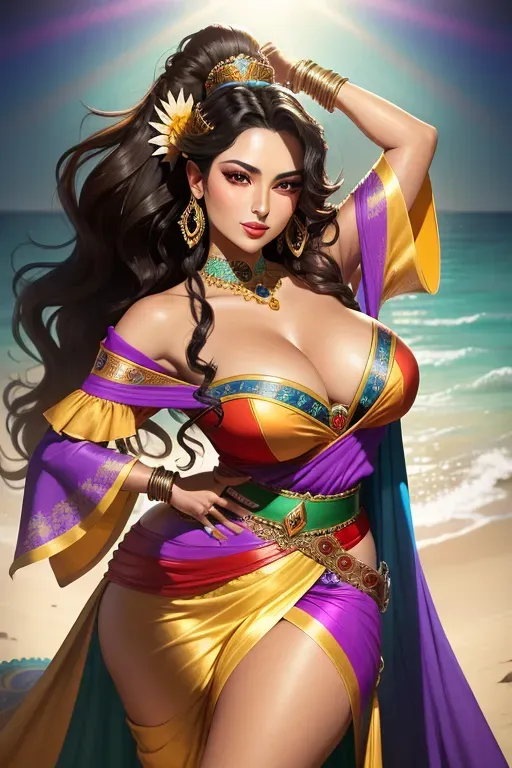 Exotic and seductive, Esmeralda stands tall and confident, her flowing dark hair falls in thick waves down her back, bright and expressive eyes look forward with determination, a playful smile plays around her lips, she keeps herself moving with elegance and grace, like a dancer, Esmeraldas colorful clothes cling to her figure, Her colorful clothing hugs her form and accentuates her curves, a sash around her waist adds a touch of flair to her ensemble, her hands rest on her hips showing off her confident posture, a tambourine dangles from her fingers ready to break out into a rhythmic melody, the sunlight highlights her radiant complexion giving her an ethereal glow, her body language exudes confidence and defiance