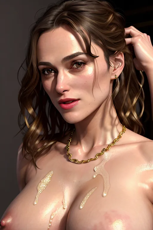 Photorealistic, Digital Photo, A 8k high resolution full body photo of, Keira Knightley, Dyke, Full Mouth, Full Lips, Lipstick, Completely Naked, Heavy Gold Chain, toned arms, lean biceps, lean body, lean thighs, smiling, nude, Contemporary bedroom, sunset, highly detailed, Photorealistic Pupils, Dilated Pupils, Smiling, Playful, Studio Lighing, Looking into the camera, Sweaty, Sweating, Realistic Sweaty Cleavage, Covered in Cum, Embarrassed, dpmg_face_cum_v1