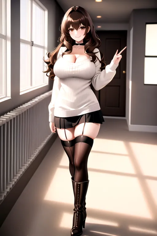 thigh high socks, miniskirt, white sweater top, brown hair, choker, brown eyes, pale skin, giant breasts, boots, cleavage, high heels, looking at viewer, walking across room, living room, 1girl, smiling, wavy hair, 8K, Full body photo